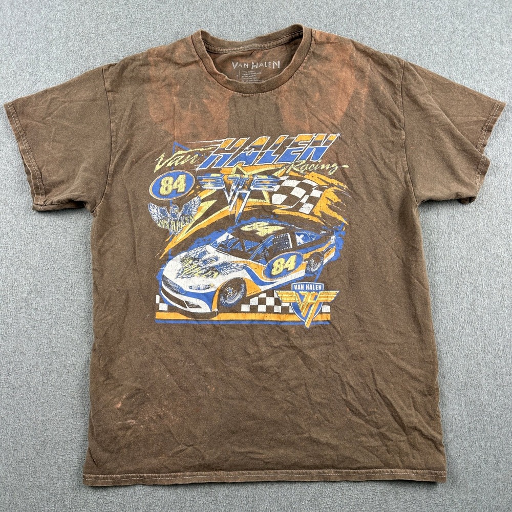 Van Halen T-Shirt Mens L Racing Graphic Brown Acid Wash Rock Band Short Sleeve